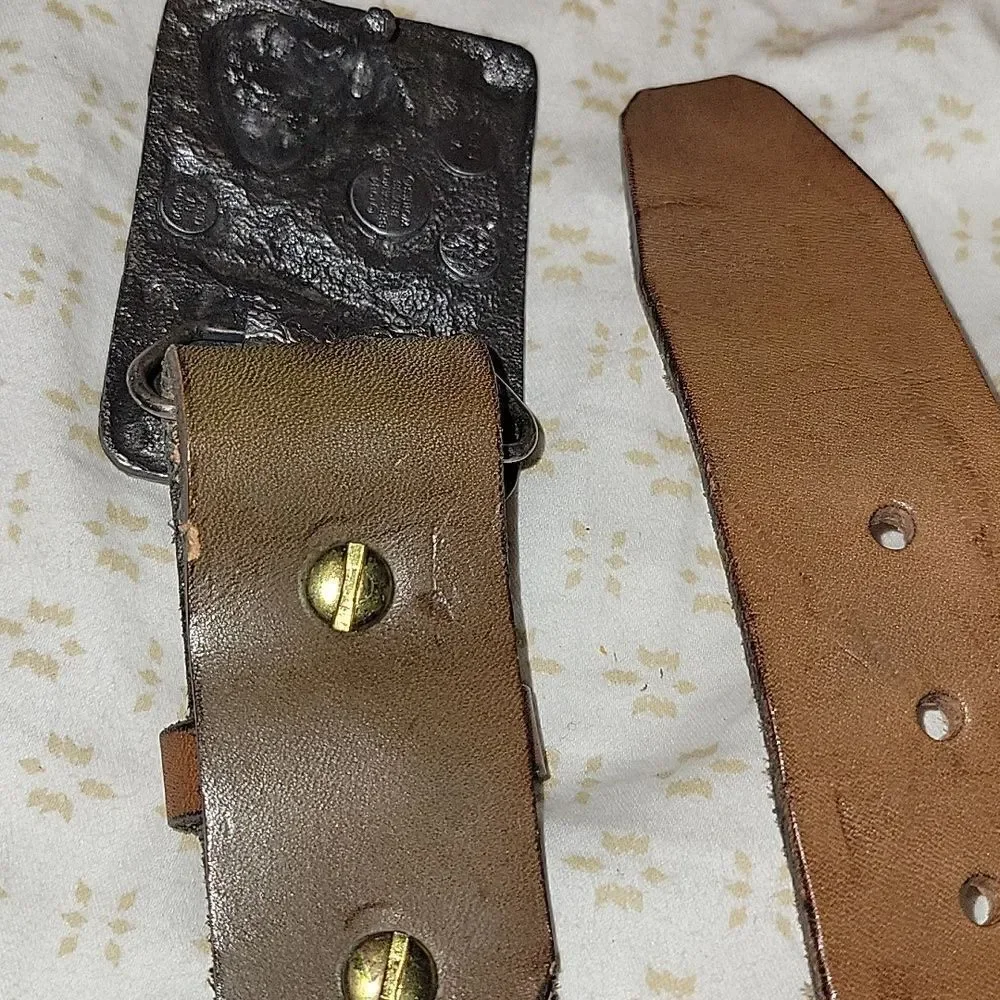 Vintage Bergamont brass works 1984 Raccoon imprinted leather belt and buckle